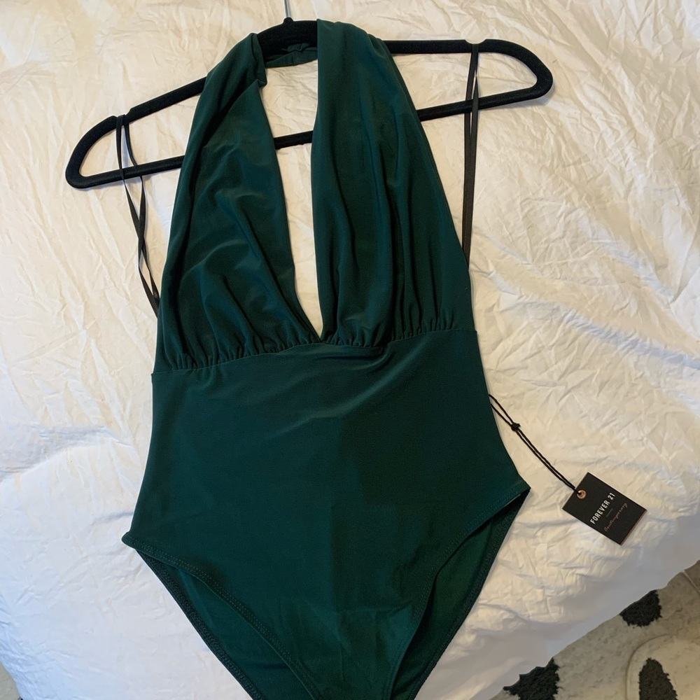 Green halter deep v bodysuit size s